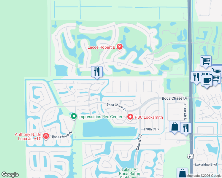 map of restaurants, bars, coffee shops, grocery stores, and more near 18101 107th Avenue South in Boca Raton