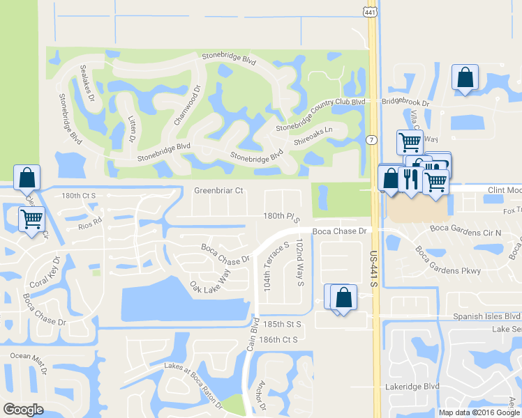map of restaurants, bars, coffee shops, grocery stores, and more near 18103 104th Terrace South in Boca Raton