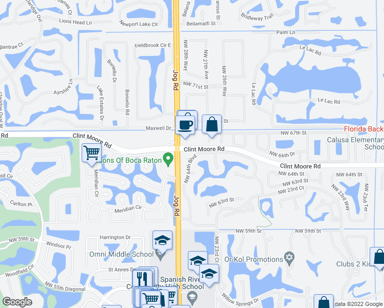 map of restaurants, bars, coffee shops, grocery stores, and more near 2625 Northwest 64th Boulevard in Boca Raton