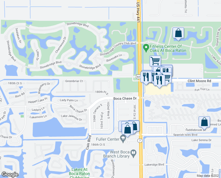 map of restaurants, bars, coffee shops, grocery stores, and more near 18108 102nd Way South in Boca Raton