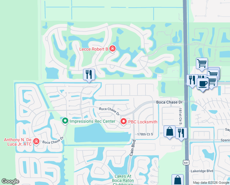 map of restaurants, bars, coffee shops, grocery stores, and more near 18102 Park Terrace in Boca Raton