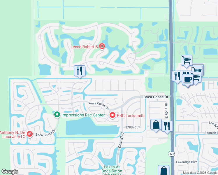 map of restaurants, bars, coffee shops, grocery stores, and more near 10525 180th Place South in Boca Raton