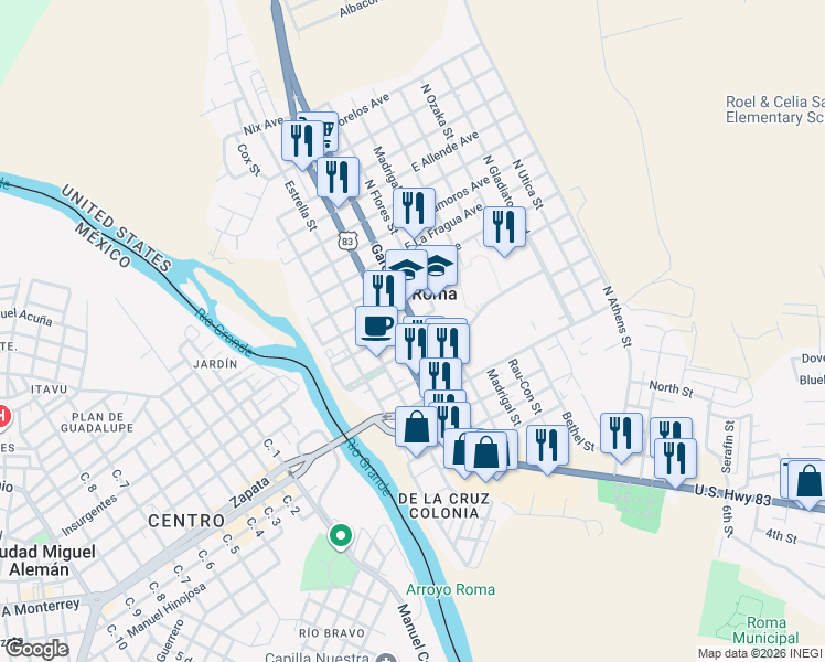 map of restaurants, bars, coffee shops, grocery stores, and more near 705 Garcia Street in Roma