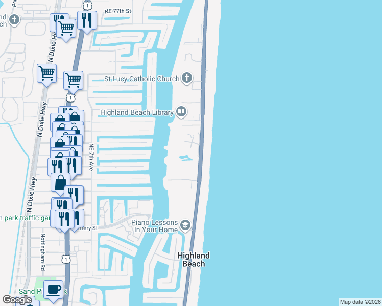 map of restaurants, bars, coffee shops, grocery stores, and more near 3740 South Ocean Boulevard in Highland Beach