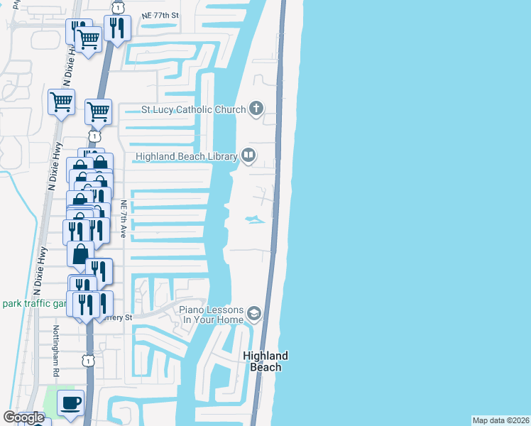 map of restaurants, bars, coffee shops, grocery stores, and more near 3740 South Ocean Boulevard in Highland Beach