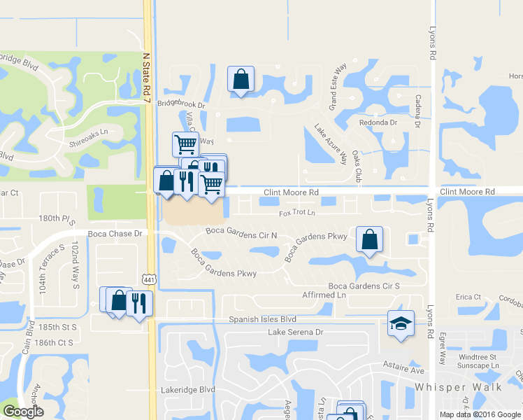 map of restaurants, bars, coffee shops, grocery stores, and more near 9547 Fox Trot Lane in Boca Raton