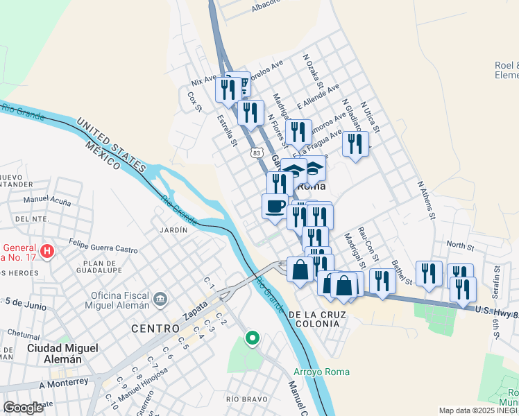 map of restaurants, bars, coffee shops, grocery stores, and more near 901 Portscheller Street in Roma