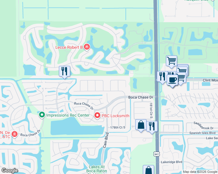 map of restaurants, bars, coffee shops, grocery stores, and more near 18103 104th Terrace South in Boca Raton
