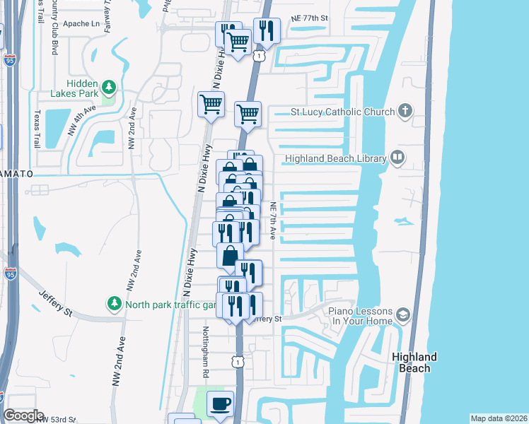 map of restaurants, bars, coffee shops, grocery stores, and more near 6501 Northeast 7th Avenue in Boca Raton