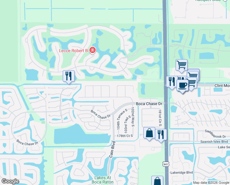 map of restaurants, bars, coffee shops, grocery stores, and more near 18103 104th Terrace South in Boca Raton