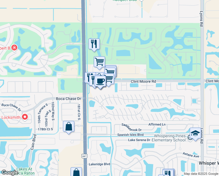 map of restaurants, bars, coffee shops, grocery stores, and more near 9720 Clint Moore Road in Boca Raton