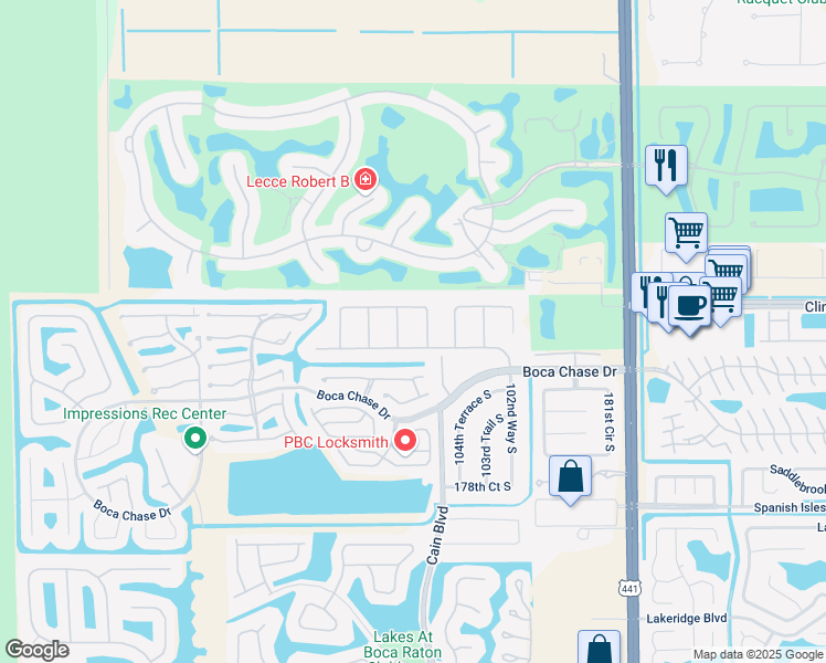 map of restaurants, bars, coffee shops, grocery stores, and more near 10525 180th Place South in Boca Raton