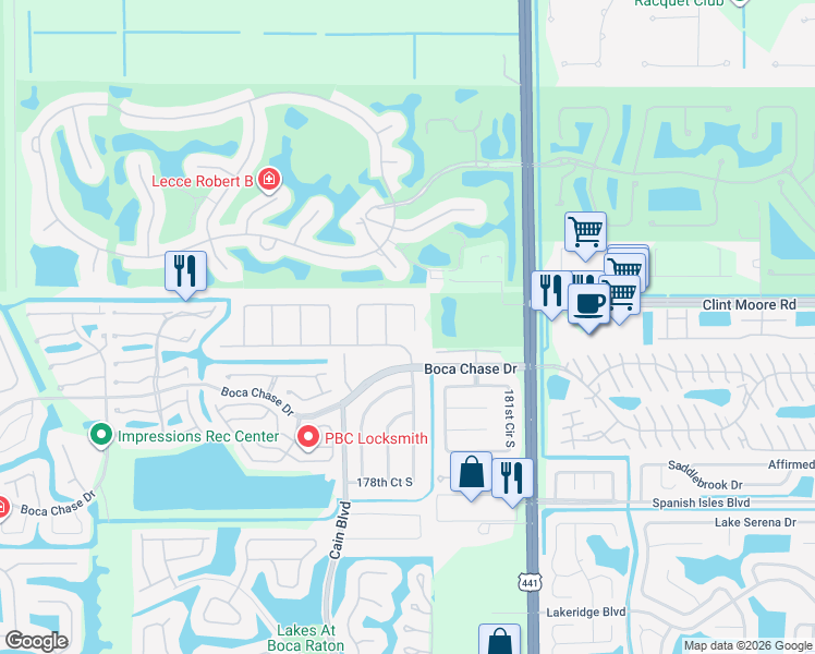 map of restaurants, bars, coffee shops, grocery stores, and more near 18108 102nd Way South in Boca Raton