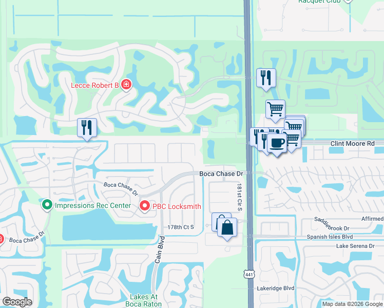 map of restaurants, bars, coffee shops, grocery stores, and more near 18108 102nd Way South in Boca Raton