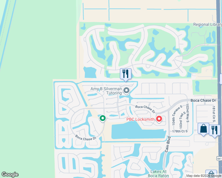 map of restaurants, bars, coffee shops, grocery stores, and more near 10987 Lake Front Place in Boca Raton