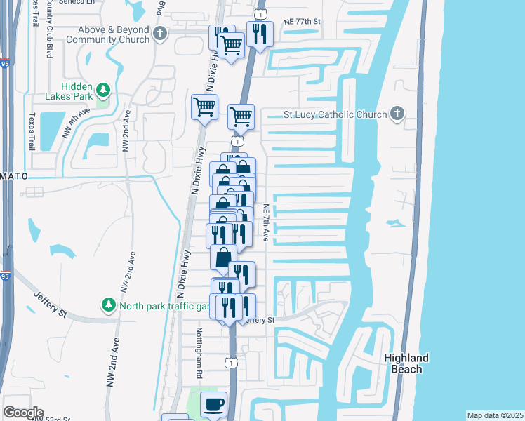 map of restaurants, bars, coffee shops, grocery stores, and more near 6501 Northeast 7th Avenue in Boca Raton