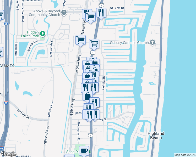 map of restaurants, bars, coffee shops, grocery stores, and more near 6501 Northeast 7th Avenue in Boca Raton