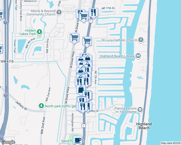 map of restaurants, bars, coffee shops, grocery stores, and more near 6501 Northeast 7th Avenue in Boca Raton