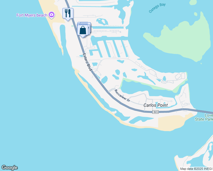 map of restaurants, bars, coffee shops, grocery stores, and more near 7650 Estero Boulevard in Fort Myers Beach