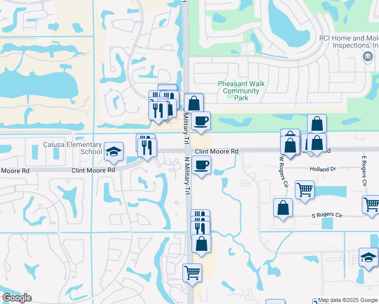 map of restaurants, bars, coffee shops, grocery stores, and more near S Military Trail & Clint Moore Rd in Boca Raton