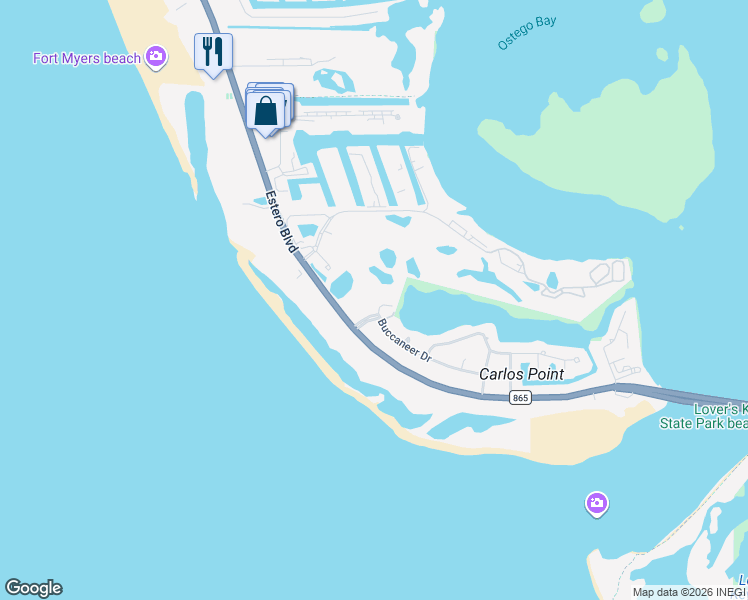 map of restaurants, bars, coffee shops, grocery stores, and more near 7820 Buccaneer Drive in Fort Myers Beach