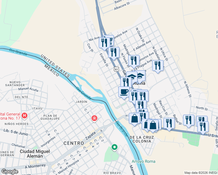 map of restaurants, bars, coffee shops, grocery stores, and more near 1101 Estrella Street in Roma