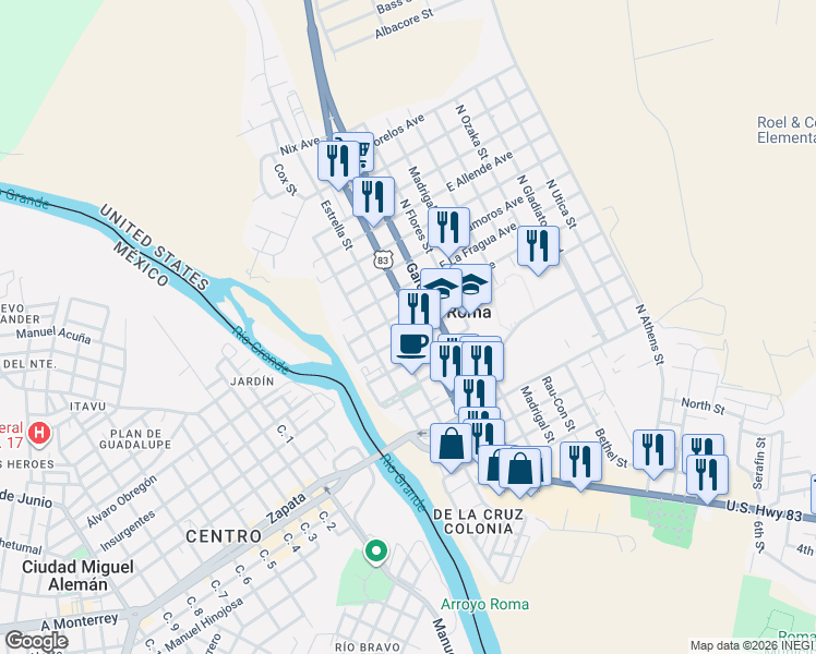 map of restaurants, bars, coffee shops, grocery stores, and more near 1004 North Grant Street in Roma