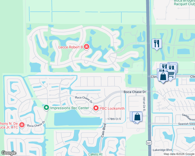 map of restaurants, bars, coffee shops, grocery stores, and more near 10525 Greenbriar Court in Boca Raton
