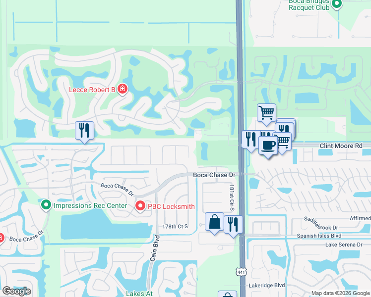 map of restaurants, bars, coffee shops, grocery stores, and more near 10355 Greenbriar Court in Boca Raton