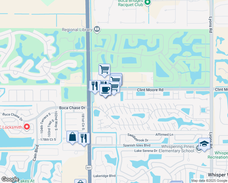 map of restaurants, bars, coffee shops, grocery stores, and more near 9704 Clint Moore Road in Boca Raton