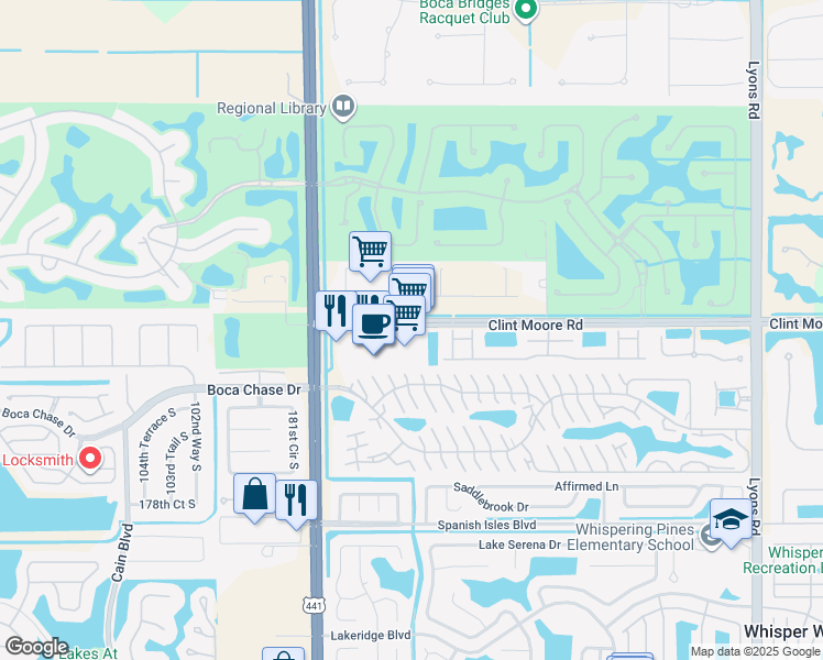 map of restaurants, bars, coffee shops, grocery stores, and more near 9704 Clint Moore Road in Boca Raton