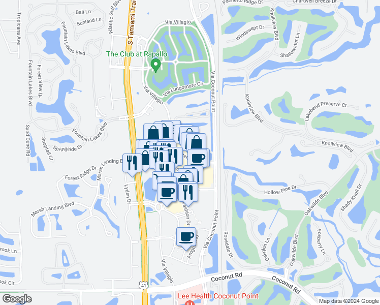 map of restaurants, bars, coffee shops, grocery stores, and more near 8020 Mediterranean Drive in Estero