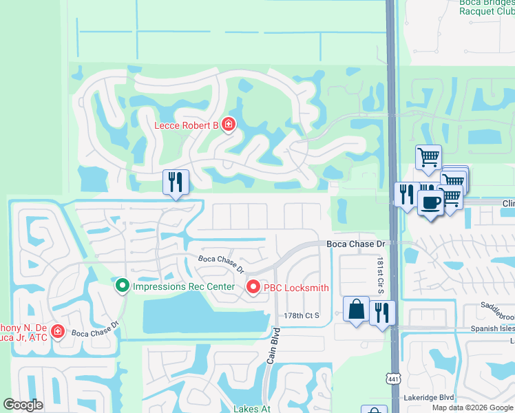 map of restaurants, bars, coffee shops, grocery stores, and more near 10525 Greenbriar Court in Boca Raton