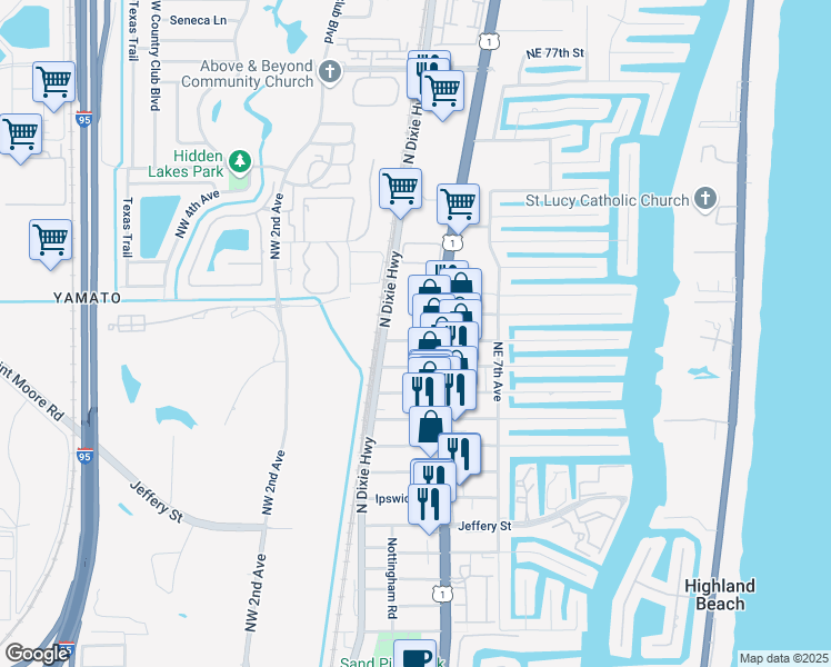map of restaurants, bars, coffee shops, grocery stores, and more near 365 Coventry Street in Boca Raton