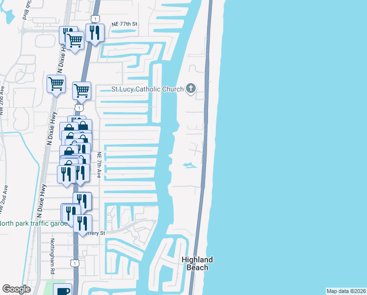 map of restaurants, bars, coffee shops, grocery stores, and more near 3720 South Ocean Boulevard in Highland Beach