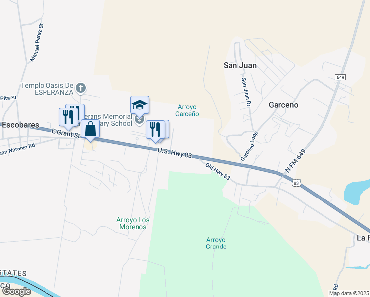 map of restaurants, bars, coffee shops, grocery stores, and more near 3563 East Grant Street in Roma