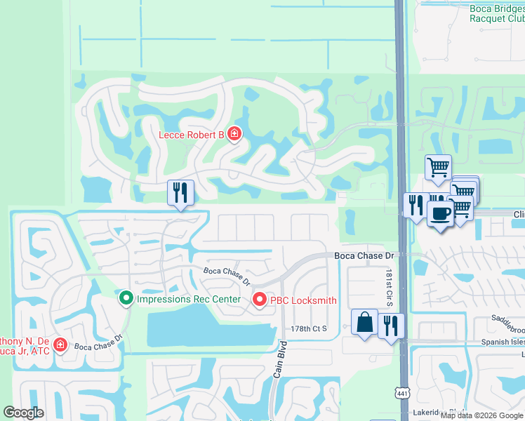 map of restaurants, bars, coffee shops, grocery stores, and more near 10525 Greenbriar Court in Boca Raton