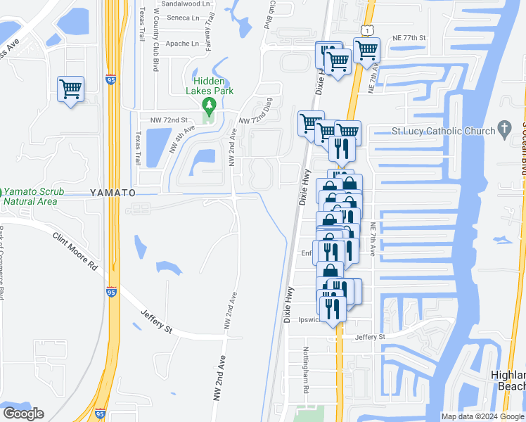 map of restaurants, bars, coffee shops, grocery stores, and more near 198 Northwest 67th Street in Boca Raton