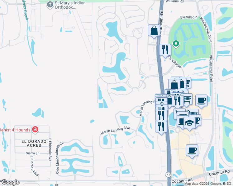 map of restaurants, bars, coffee shops, grocery stores, and more near 3810 Springside Drive in Estero