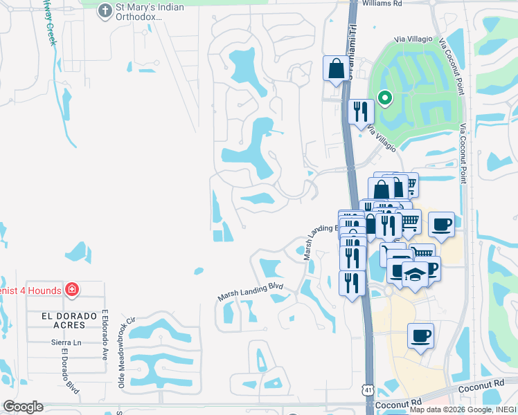 map of restaurants, bars, coffee shops, grocery stores, and more near 3810 Springside Drive in Estero