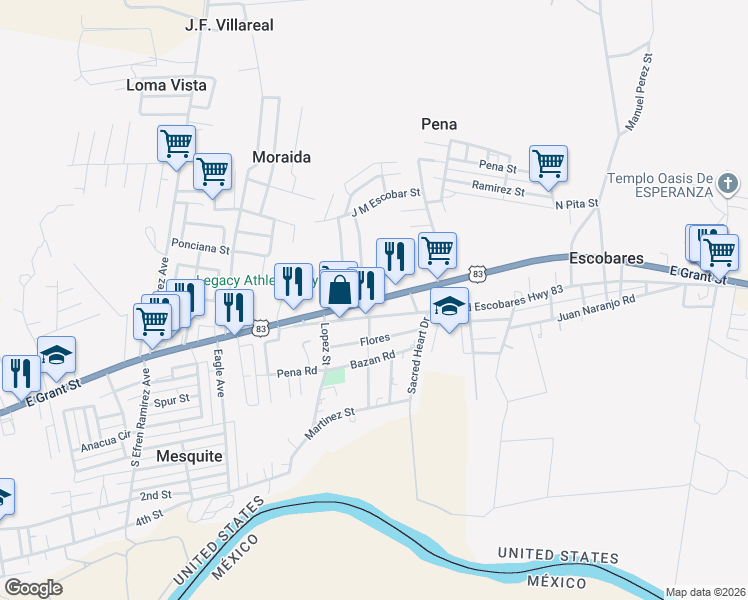 map of restaurants, bars, coffee shops, grocery stores, and more near 5014 East Grant Street in Roma