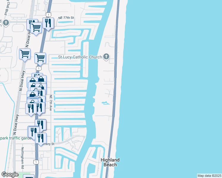 map of restaurants, bars, coffee shops, grocery stores, and more near 3700 South Ocean Boulevard in Highland Beach