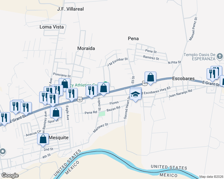 map of restaurants, bars, coffee shops, grocery stores, and more near 5014 East Grant Street in Roma