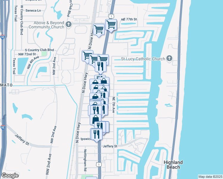 map of restaurants, bars, coffee shops, grocery stores, and more near 682 Berkley Street in Boca Raton