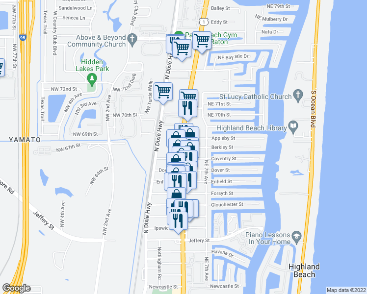 map of restaurants, bars, coffee shops, grocery stores, and more near N Federal Hwy & Berkley St in Boca Raton