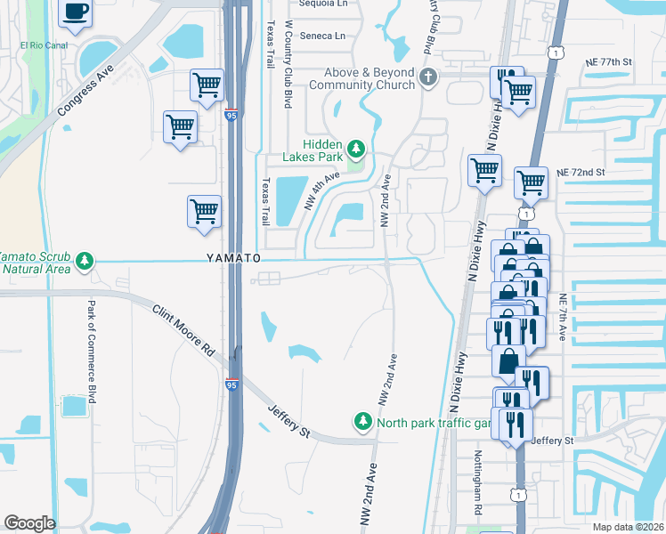 map of restaurants, bars, coffee shops, grocery stores, and more near Northwest 67th Street in Boca Raton