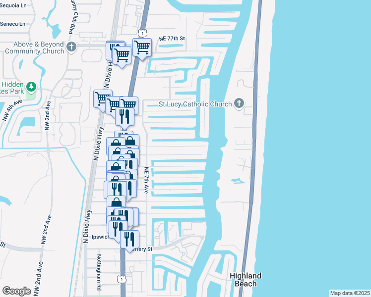 map of restaurants, bars, coffee shops, grocery stores, and more near 808 Berkley Street in Boca Raton