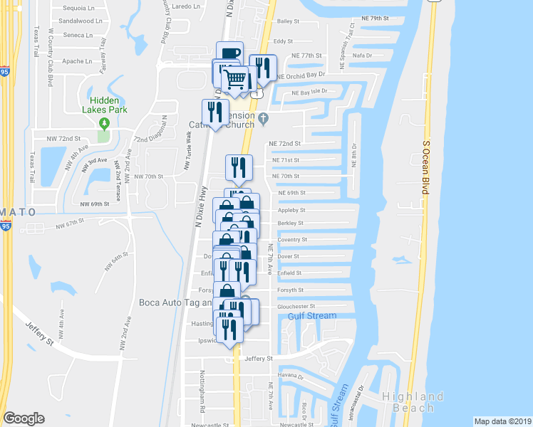 map of restaurants, bars, coffee shops, grocery stores, and more near 682 Berkley Street in Boca Raton