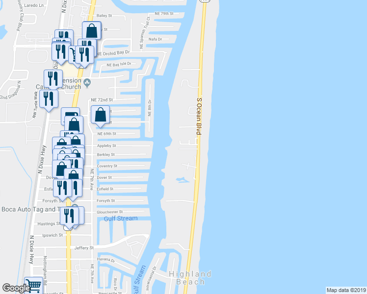 map of restaurants, bars, coffee shops, grocery stores, and more near 3632 South Ocean Boulevard in Highland Beach