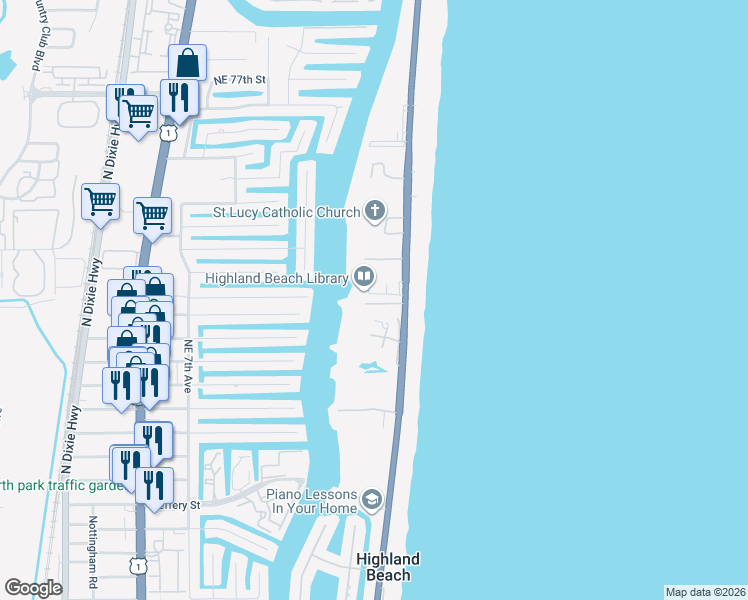 map of restaurants, bars, coffee shops, grocery stores, and more near 3632 South Ocean Boulevard in Highland Beach